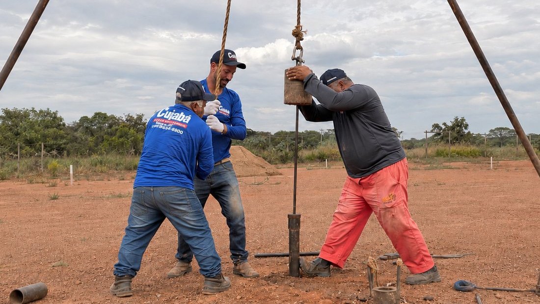 Equipe da Cuiabá Poços Artesianos perfurando um poço artesiano em campo